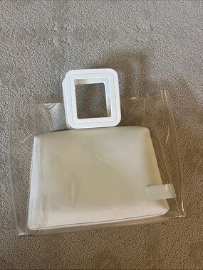 STAUD Clear Tote with Cream Square Handles and Cream Pouch